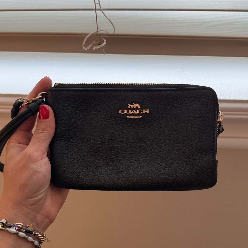 Coach Black Leather Wristlet with Gold Accents